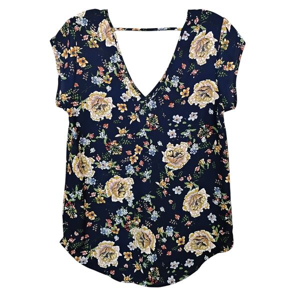 Halogen Blouse SIze XS Chiffon Floral Print Dark Blue and Yellow Short Sleeve - Picture 2 of 6